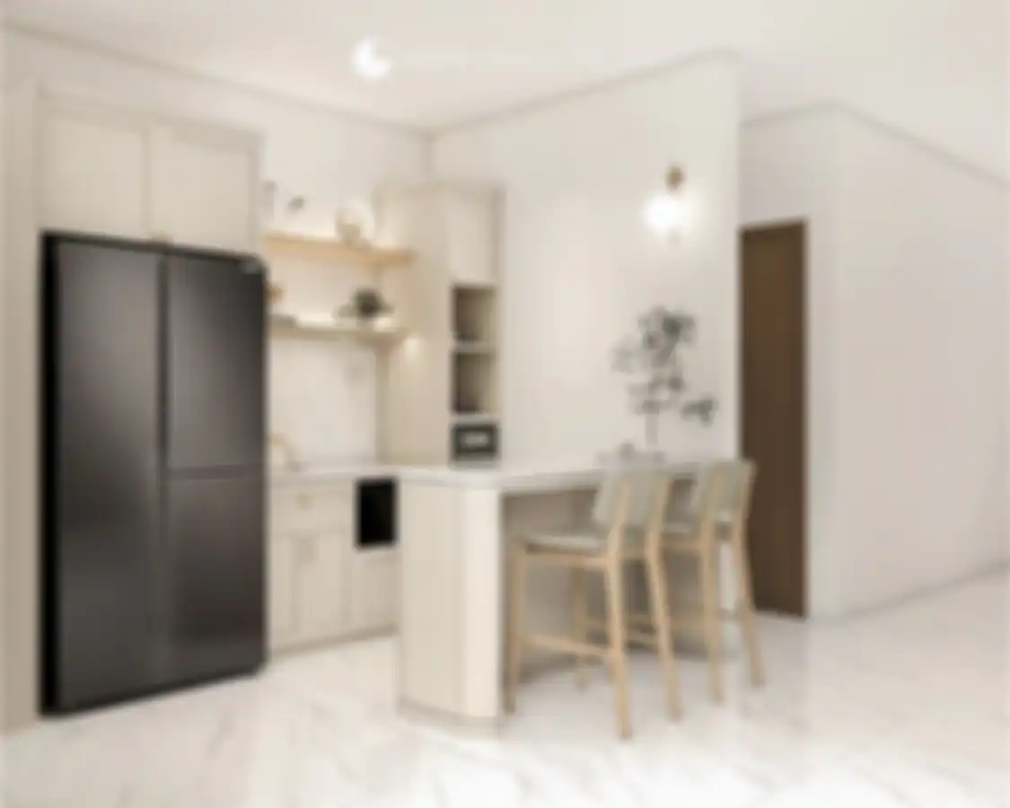 Perhatikan jarak kulkas dengan meja dapur. Posisinya menentukan foto tampilan ruang memasak.