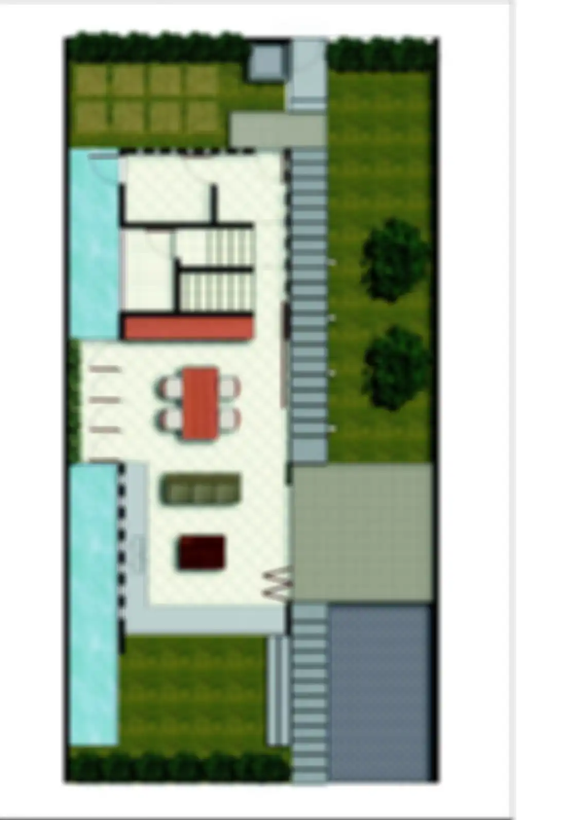 Denah Rumah Bioklimatik, denah lantai 1. Adapun lantai 2 nya ruang privat, lantai 3 taman atap. 