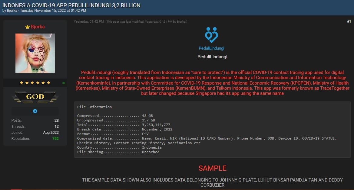Unggahan Bjorka di forum Deep Web breached.to