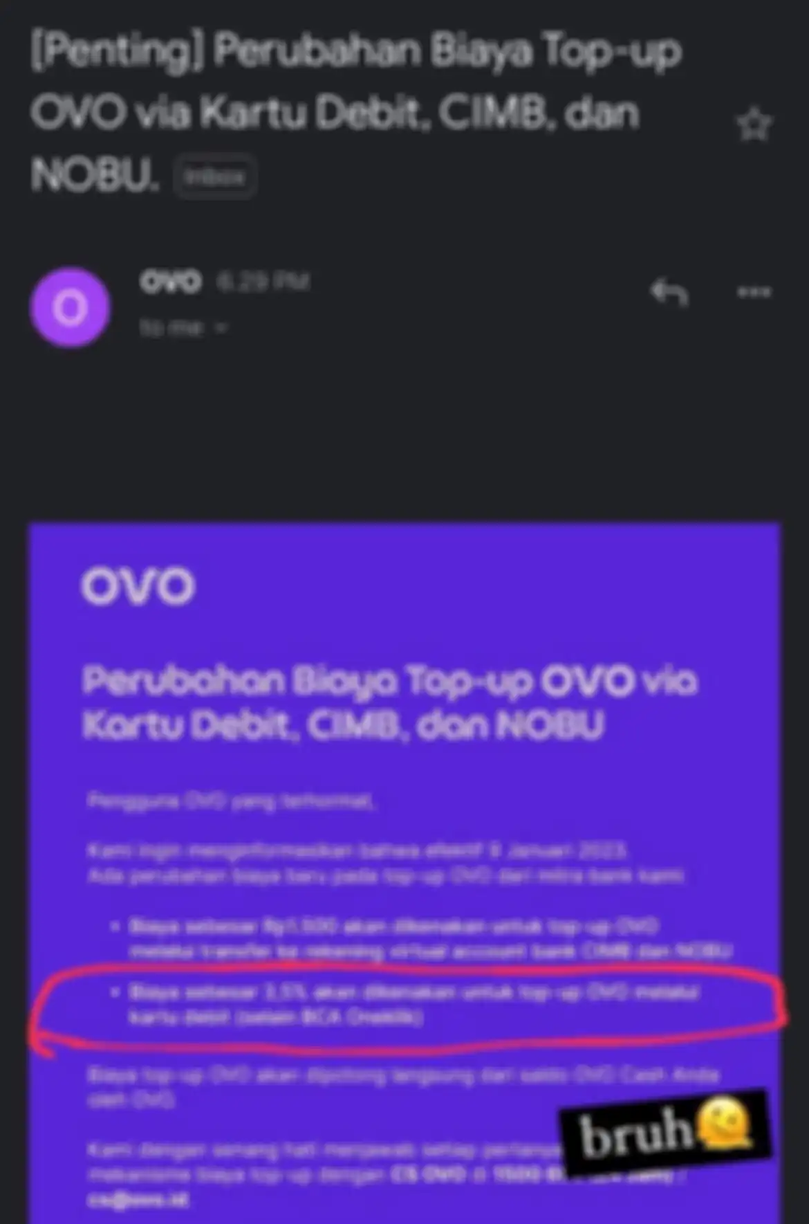 Screenshot email perubahan biaya top-up OVO via Kartu Debit, CIMB, dan NOBU
