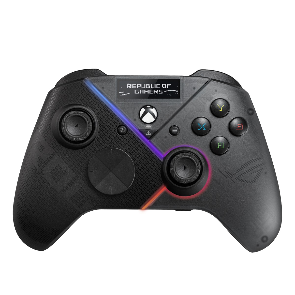 ASUS ROG Raikiri Pro menggunakan layout Xbox dengan tambahan satu layar di bagian atas