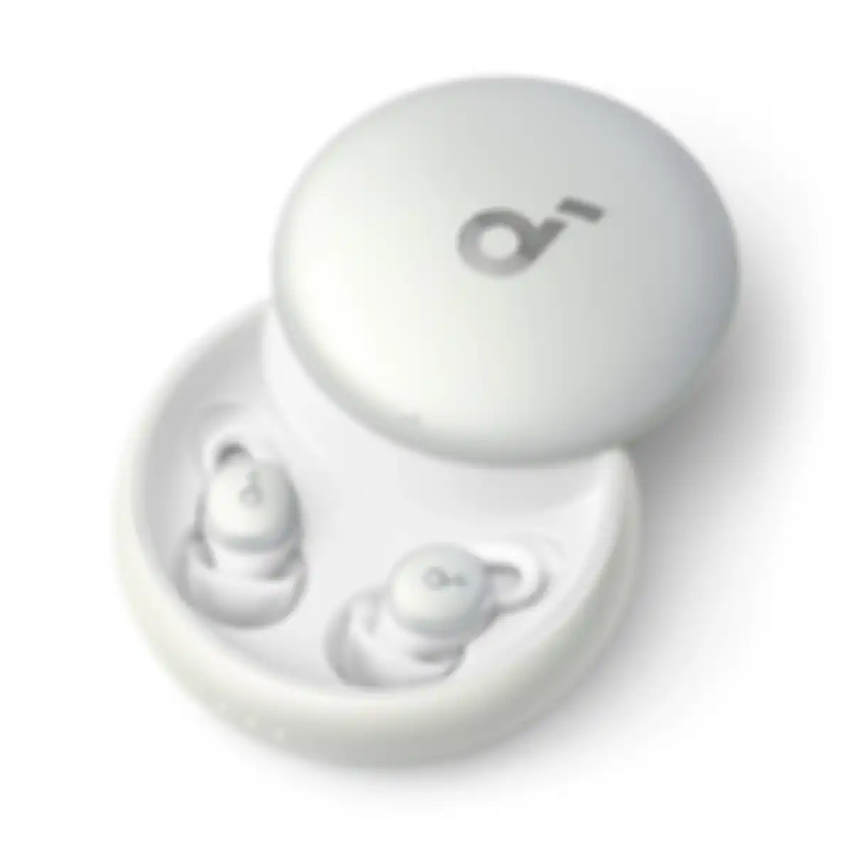 Tampilan earbud dan wadah pengisi daya Soundcore Sleep A10