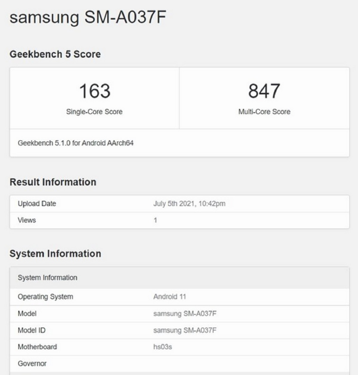 Bocoran Samsung Galaxy A03s di GeekBench.
