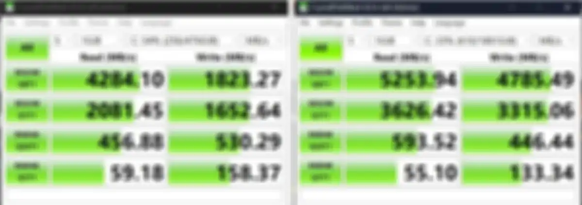 Kecepatan SSD Micron (kiri) dan WD Black SN770M (kanan) di Crystal Disk Mark