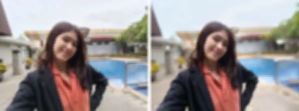 Hasil foto selfie di bawah sinar matahari HP OPPO Reno dengan Sony IMX 709 tanpa dan dengan efek bokeh