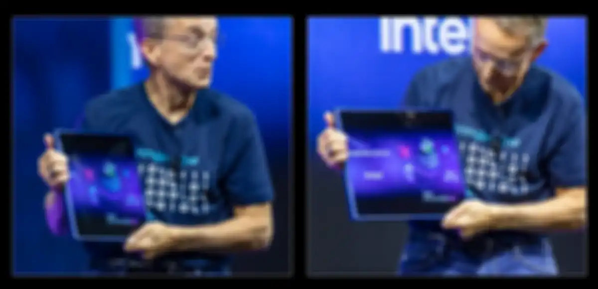 CEO Intel Pat Gelsinger menunjukkan bagaimana layar PC yang dapat digeser dapat memanjang dari diagonal 13 inci ke 17 inci