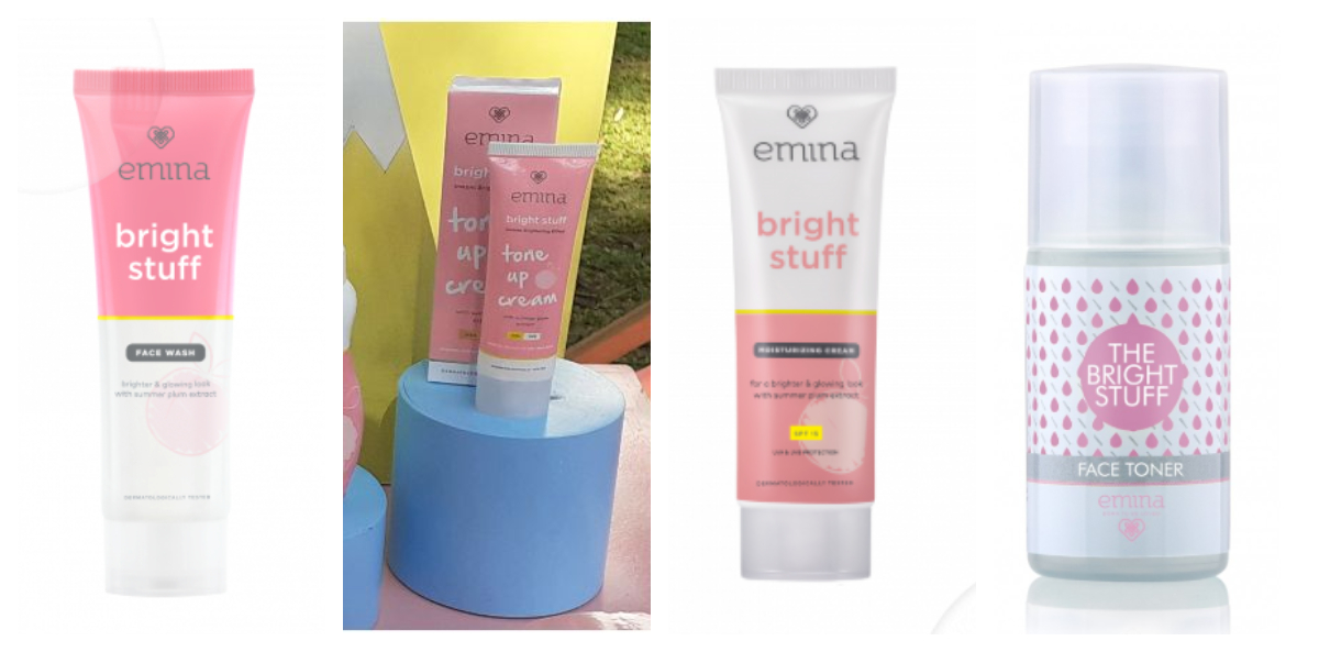 Rangkaian Emina Bright Stuff (dari ki-ka), Face Wash, Tone Up Cream, Moisturizing Cream, Face Toner.