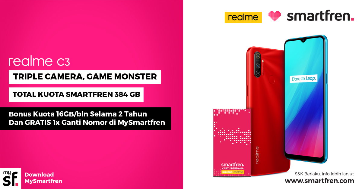 Promo pembelian paket bunding Realme C3 dengan bonus kuota internet Smartfren selama dua tahun.