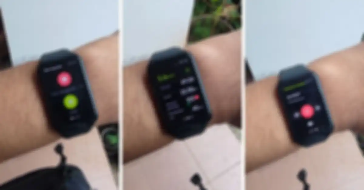 Tampilan menu tracking sepeda OPPO Watch Free, pause 7 play (kiri), informasi penting (tengah), pemutar media (kanan)