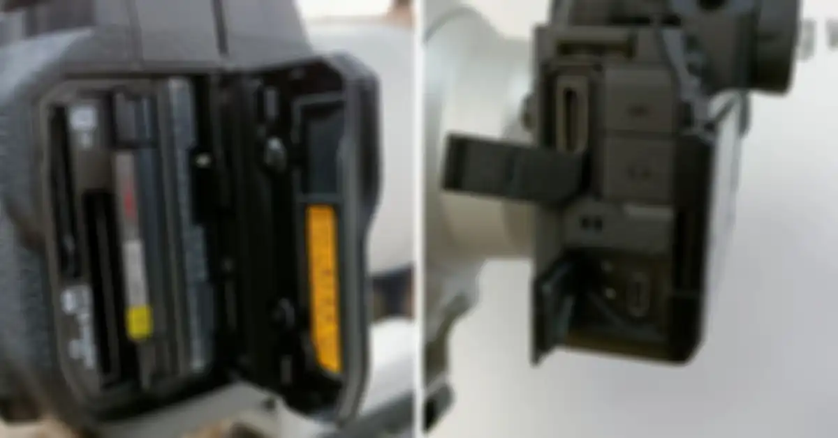 Port CFexpress type B (Kiri), port HDMI Full & USB C (kanan)
