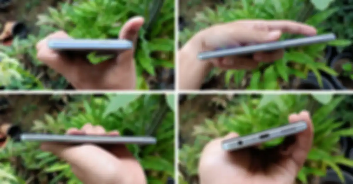 secara berurutan bagian atas (speaker), bagian kanan (sensor sodok jari/power, volume), bagian kiri (Port SIM), dan bawah (lubang jack, USB-C, mic, speaker)