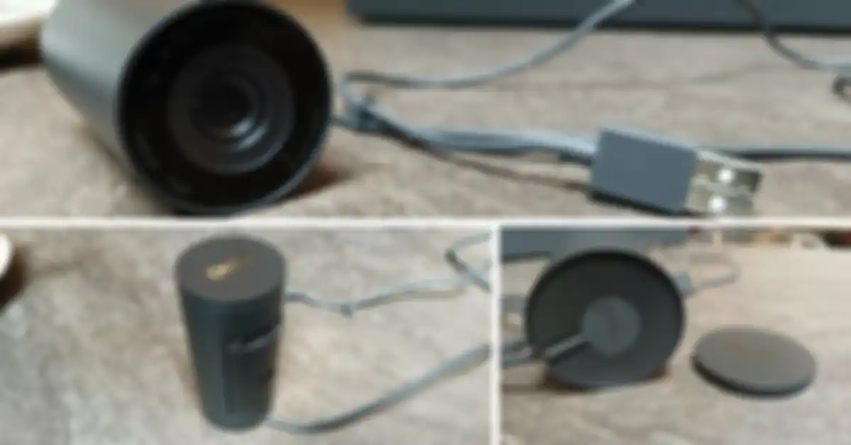 Detail desain dari Dell Pro Webcam dari sisi depan, bawah, dan belakang