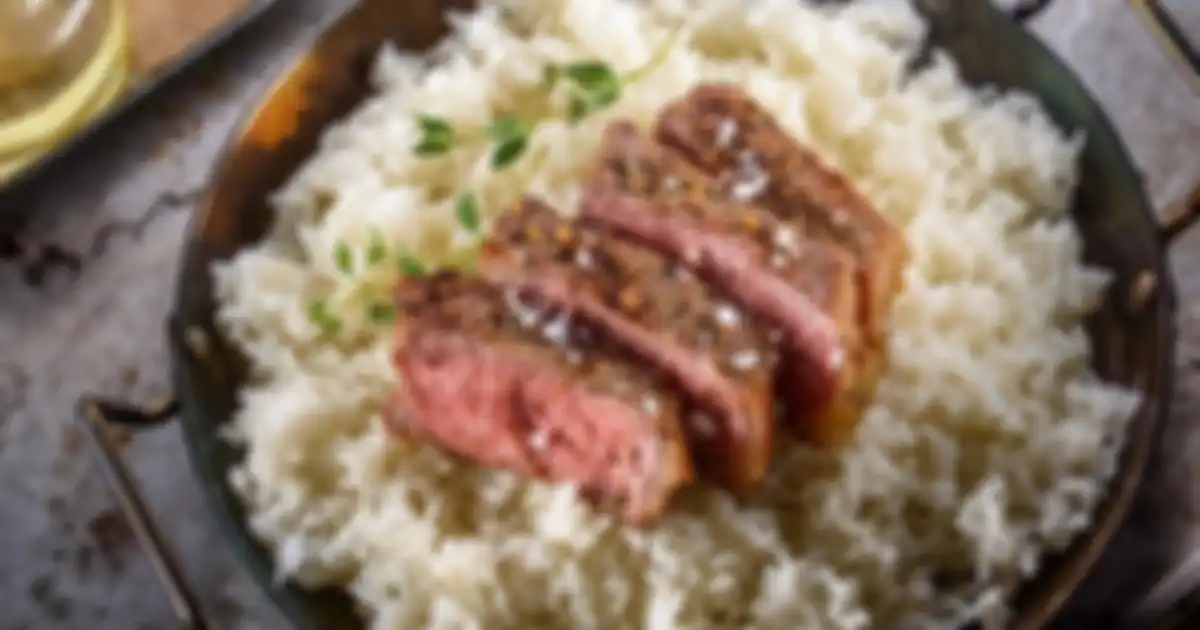 Nasi putih dan daging merah