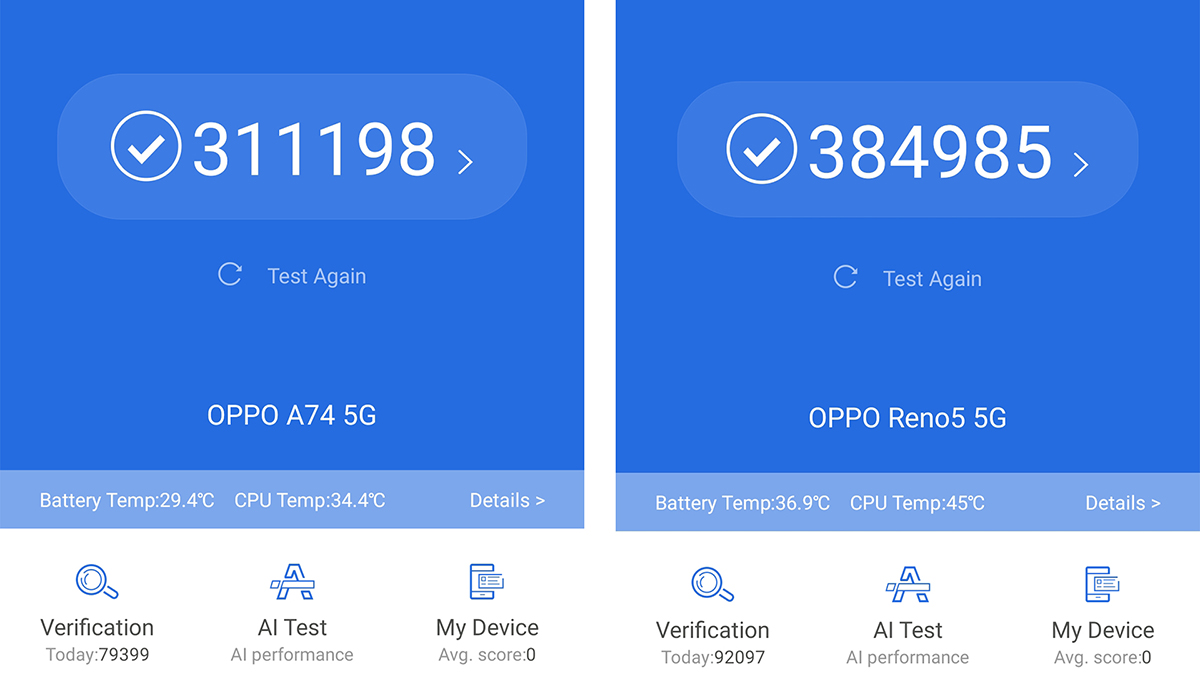 Skor benchmark AnTuTu Oppo A74 5G (Kiri) dan Reno5 5G (Kanan)