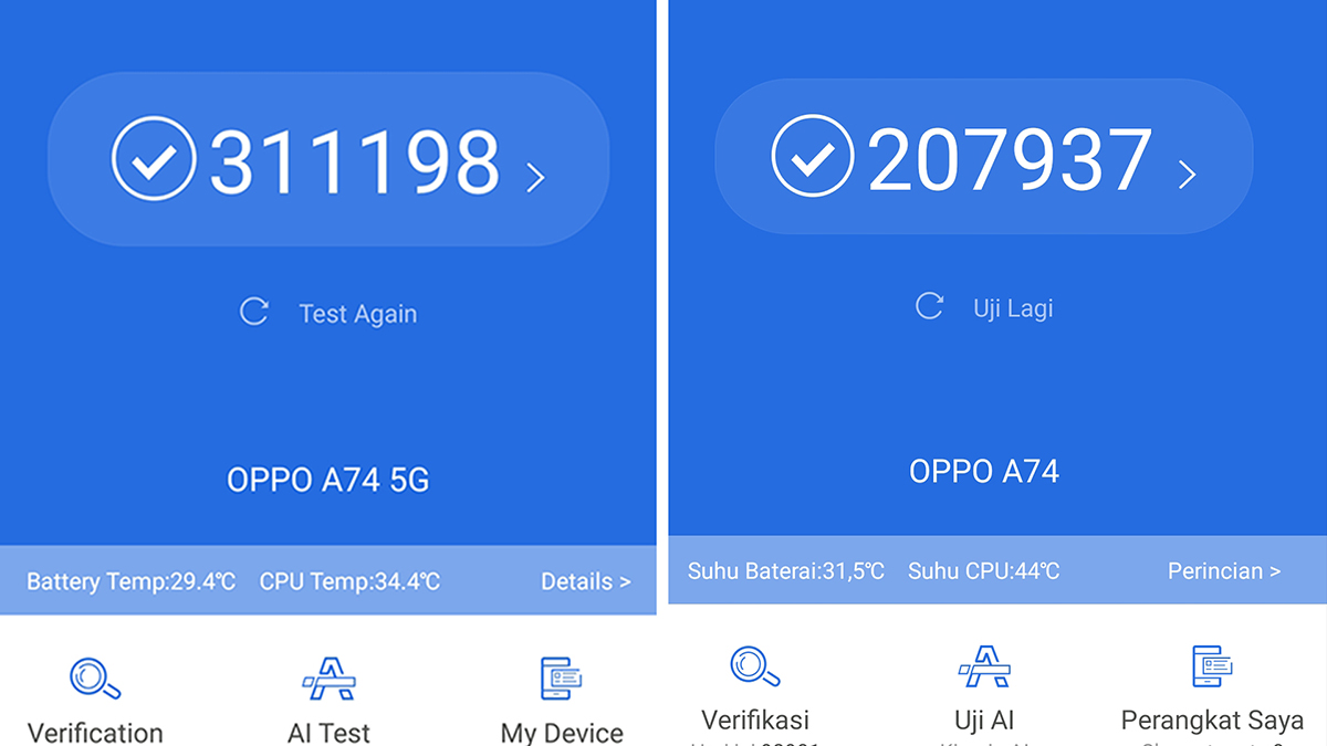 hasil benchmark antutu Oppo A74 5G (kiri) dan Oppo A74 (kanan)