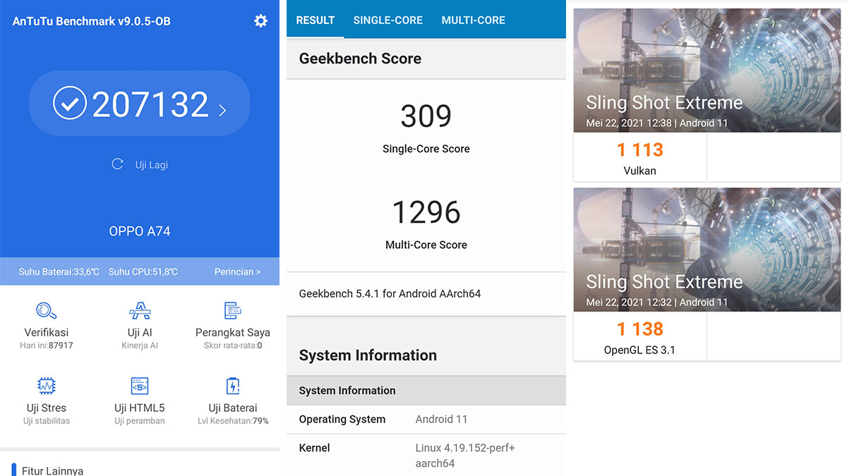 Hasil skor benchmark Oppo A74 menggunakan AnTuTu (kiri), Geekbench (tengah), dan 3DMark (kanan)