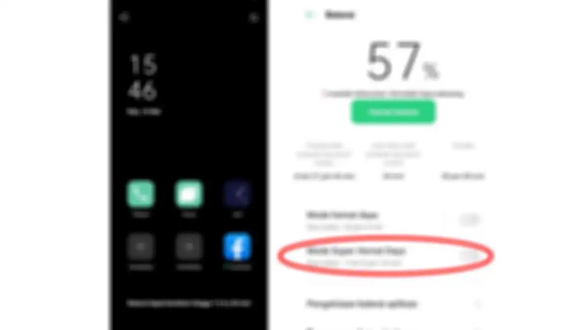 Tampilan mode hemat daya super (kiri) dan pilihan menunya (kanan) di Oppo A54