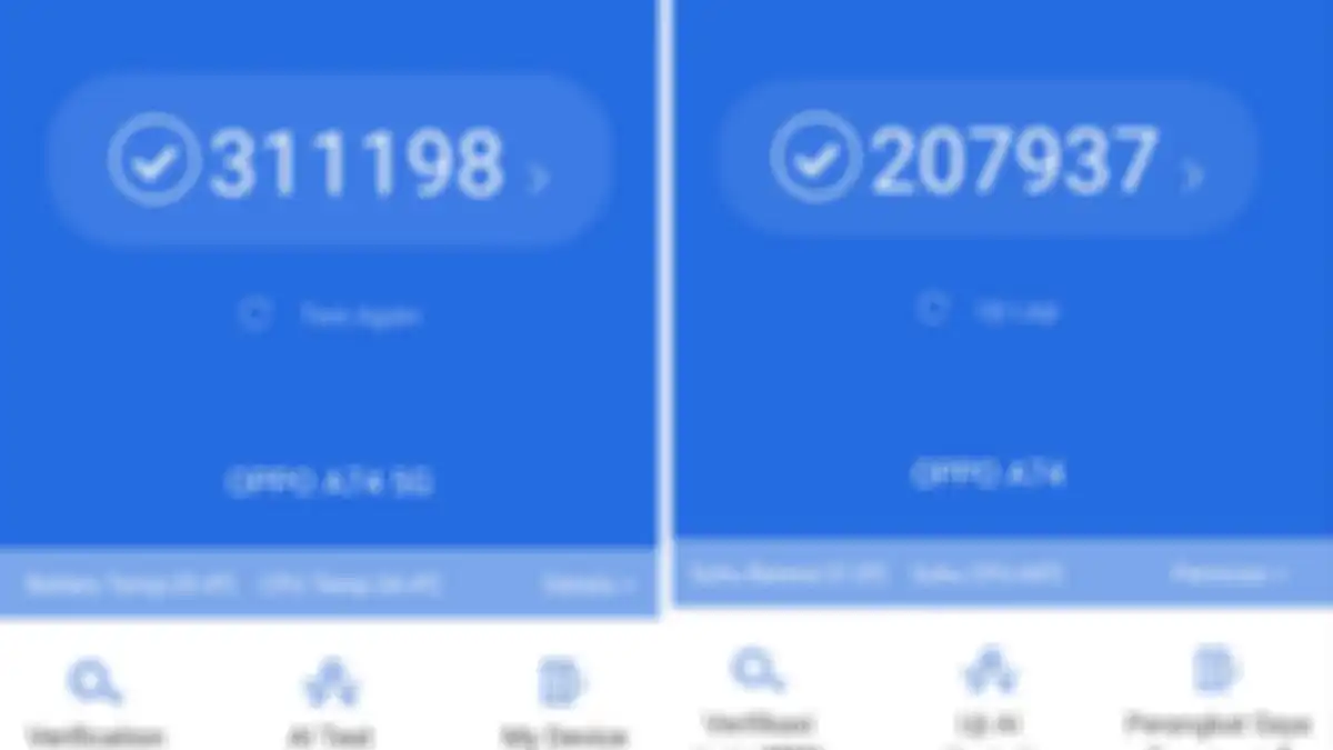 hasil benchmark antutu Oppo A74 5G (kiri) dan Oppo A74 (kanan)