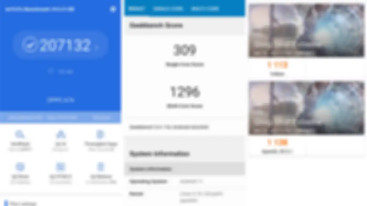 Hasil skor benchmark Oppo A74 menggunakan AnTuTu (kiri), Geekbench (tengah), dan 3DMark (kanan)