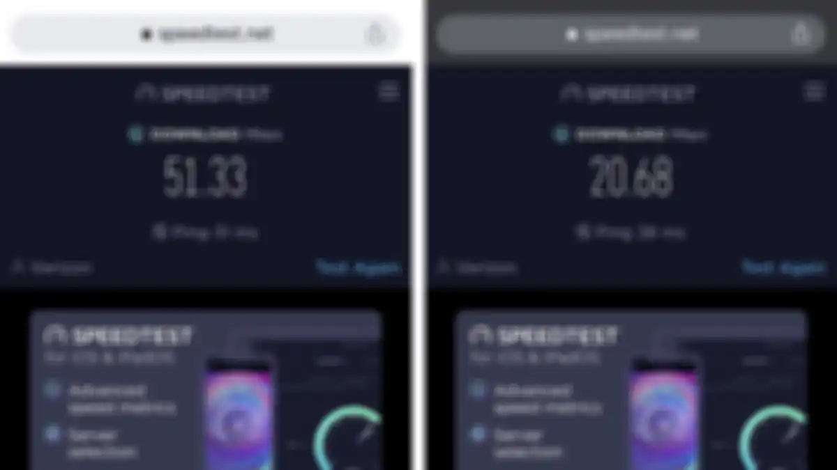 Kecepatan internet Verizon dengan iPhone XR di Sout Hollywood (kiri) dan west hollywood (kanan)