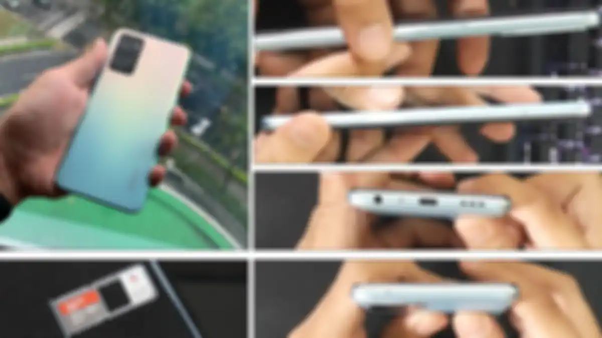 Bagian belakang, sensor sidik jari di kanan, volume & SIM Tray triple slot di sisi kiri, port USB-C, jack 3.5mm,speaker, dan mic di sisi bawah, dan mic di sisi atas