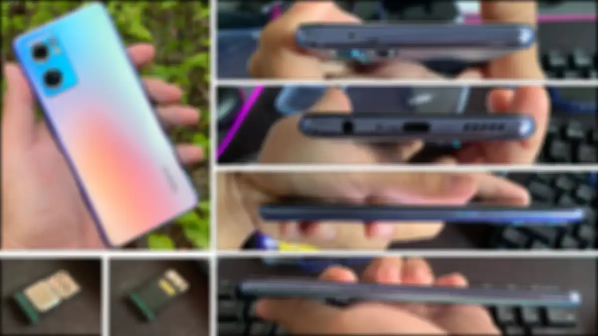 (sesuai jarum jam) Bagian Belakang, bagian atas, bawah, samping kanan, samping kiri, dan sim tray triple slot OPPO Reno7 5G
