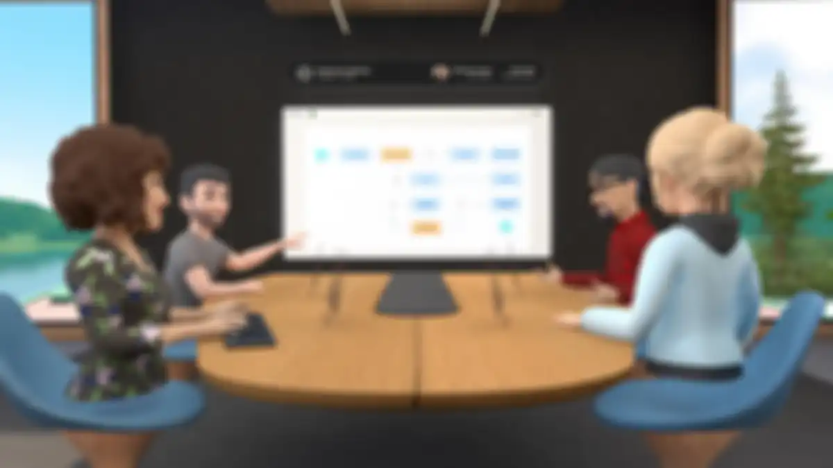 Gambaran presentasi pada rapat di VR Headset Quest.