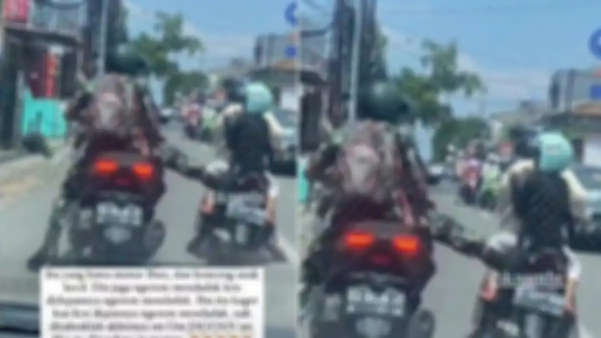 Oknum TNI tendang pemotor ibu-ibu yang sedang bonceng anak di Jatiwarna Pondok Gede, Bekasi.