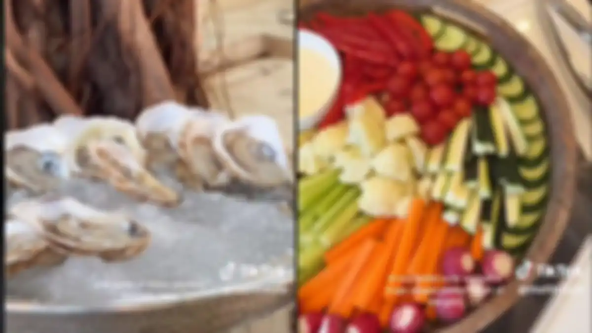 Di meja undangan, tersedia cokelat rendah gula, santapan penuh sayur dan protein 
