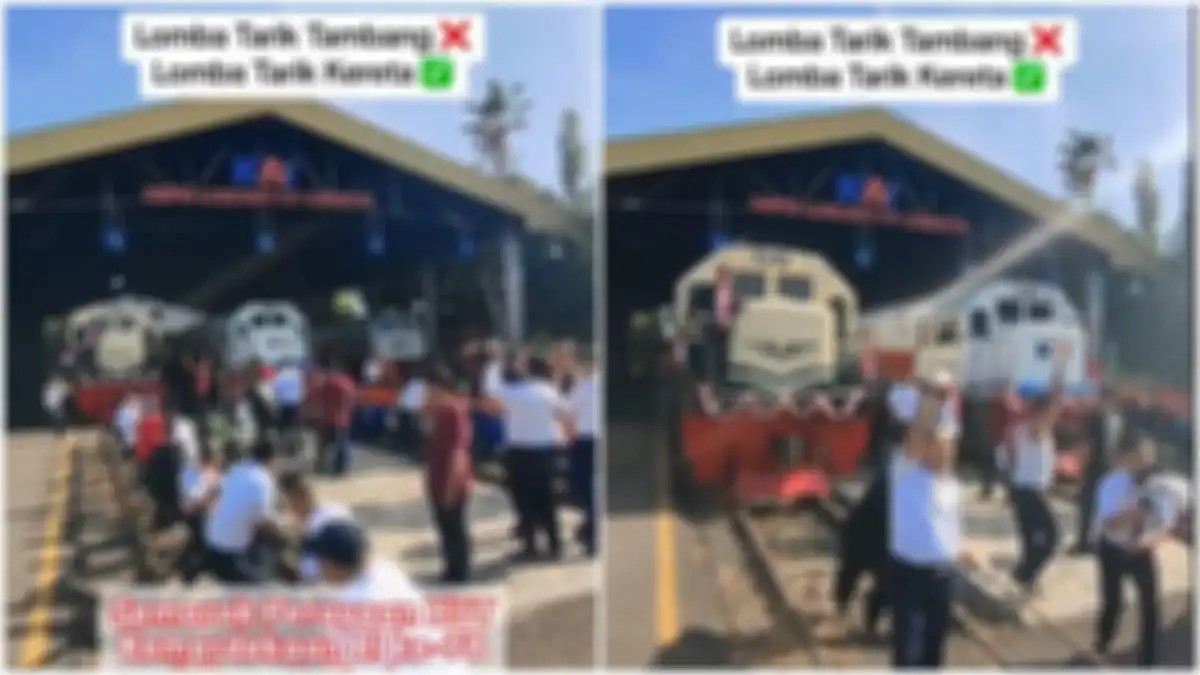 Viral penampakan karyawan KAI di Cirebon lomba tarik kereta.