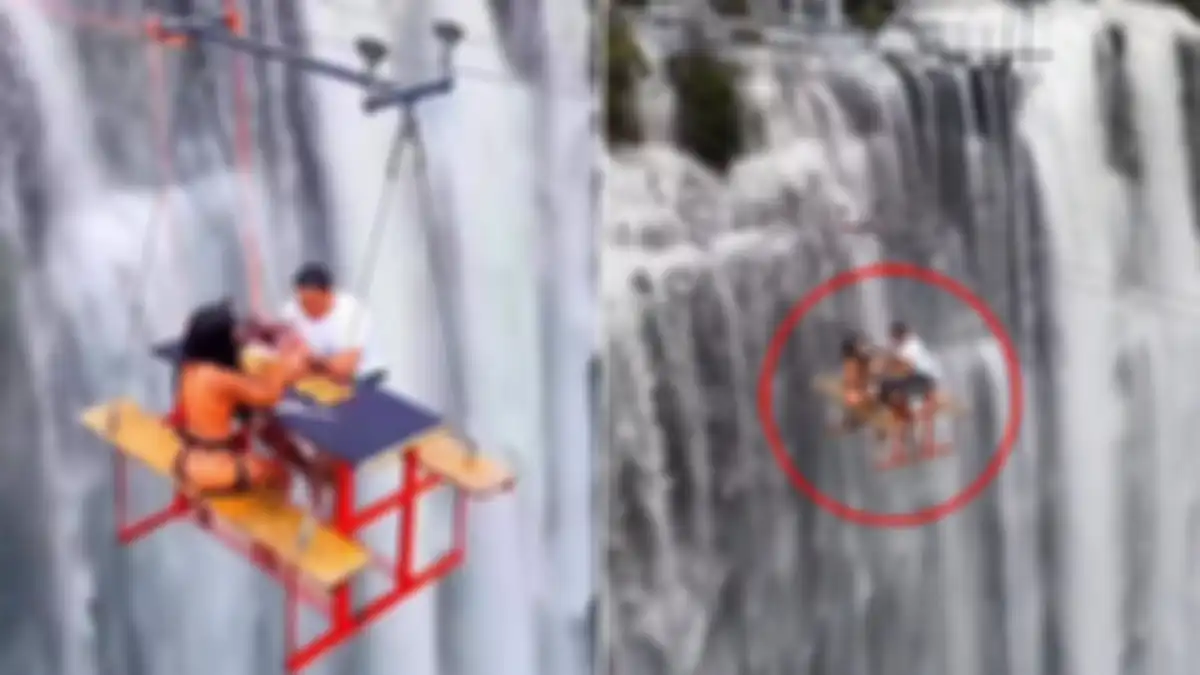 Christianna Hurt dan OnPointLikeOp menikmati wahana makan minum di atas air terjun.