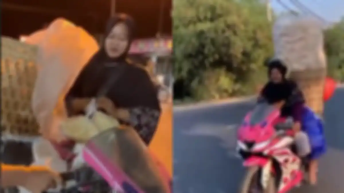 Emak-emak jualan kerupuk naik motor sport.