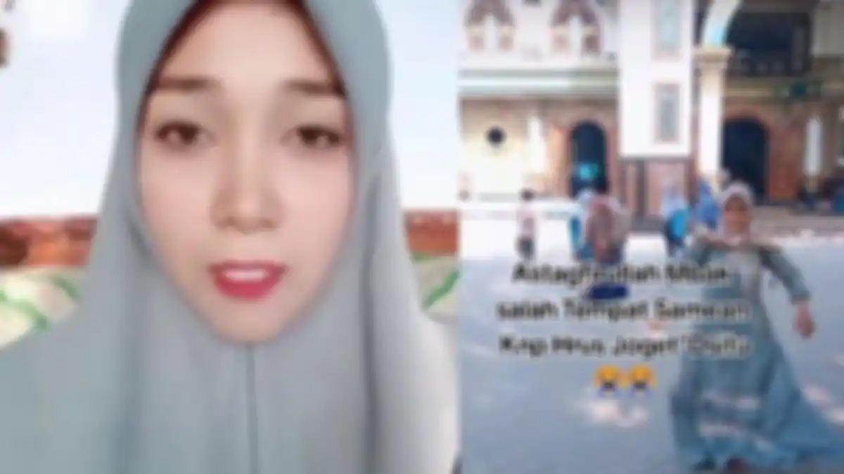 Aksi wanita berhijab joget di depan masjid Syaikhona Kholil Bangkalan, Madura.
