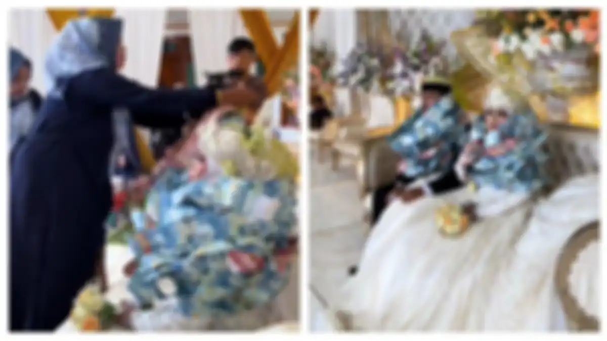 Momen sepasang pengantin dikalungi uang pecahan Rp 50 ribu dan Rp 100 ribu.