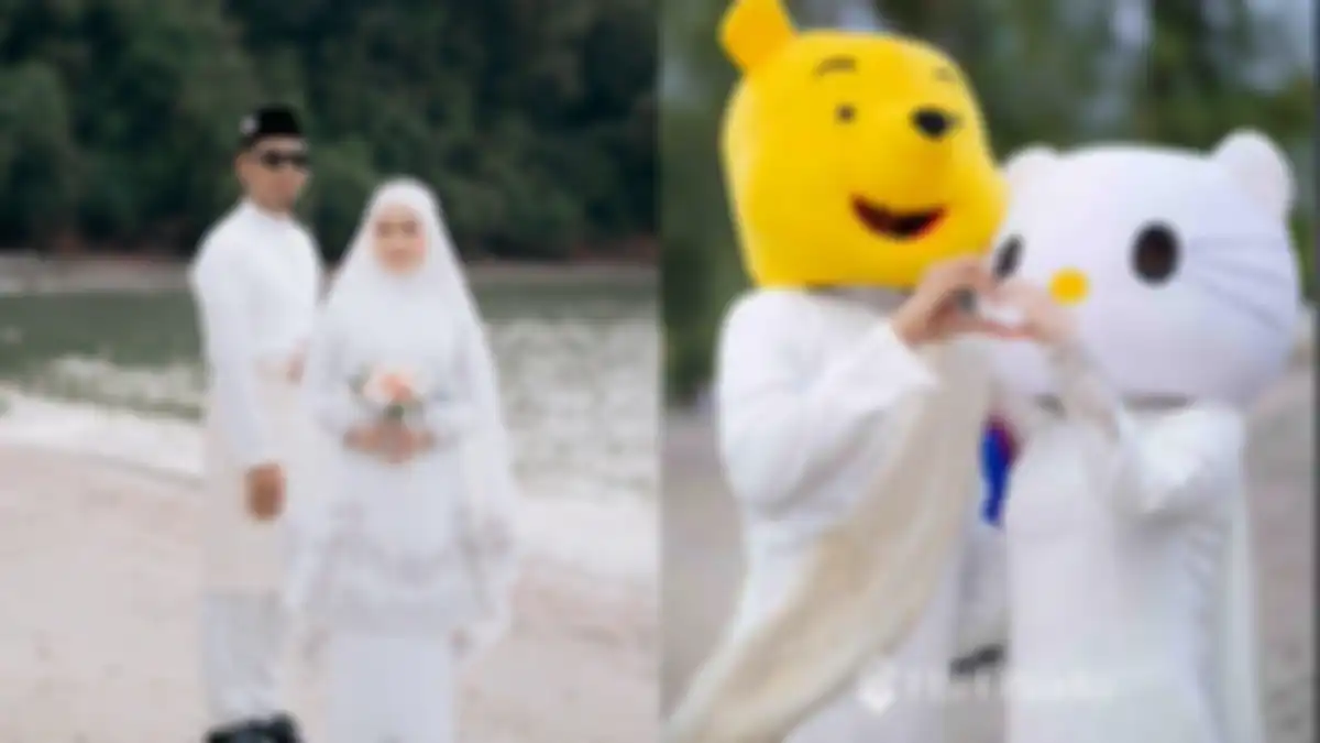 Calon pengantin foto prewedding pakai kostum kepala badut.  