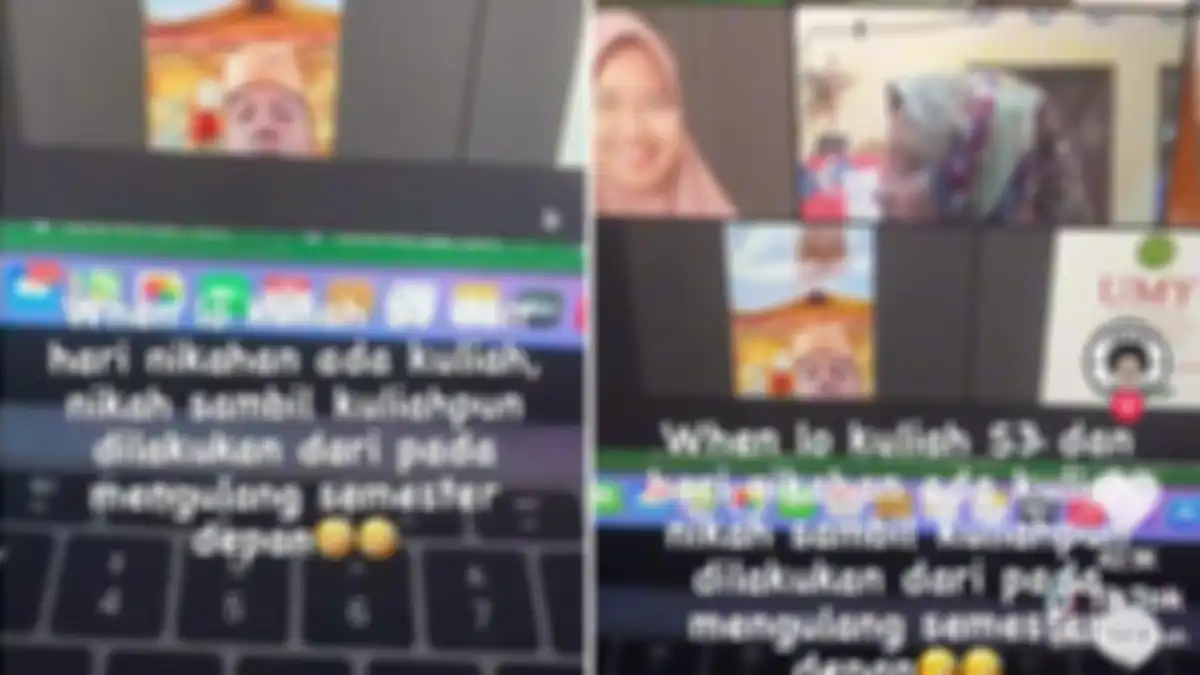 Momen mahasiswa tetap mengikuti kelas online padahal sedang menikah.  