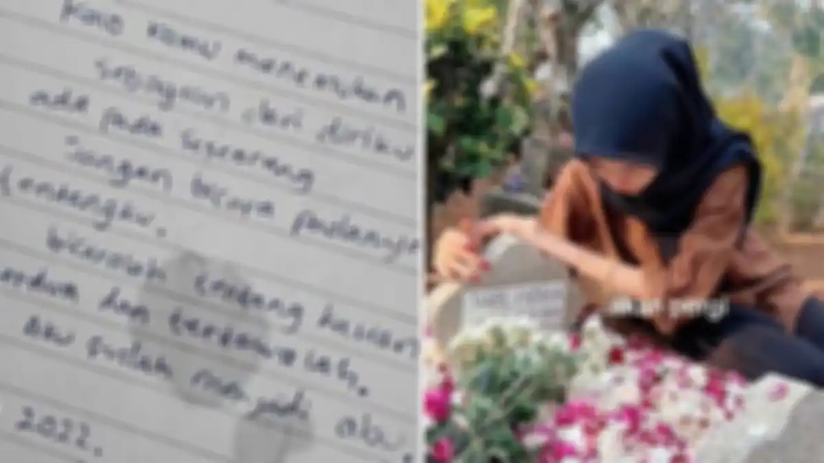 Wanita menangis saat membaca surat yang ditulis oleh almarhum kekasihnya.   