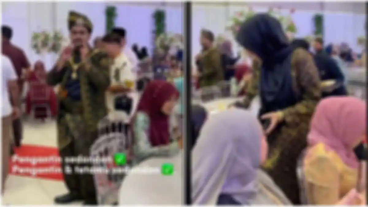 Pengantin pria syok, baju yang dikenakan couple dengan tamu wanita.