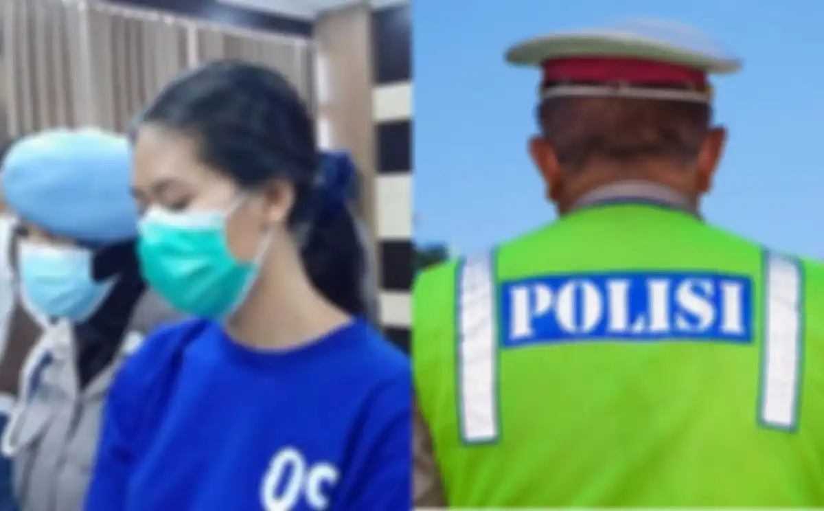 Nani Aprilliani, tersangka pelaku sate beracun tertunduk di depan kamera. Nani disebut telah nikah siri dengan Tomy, seorang polisi.
