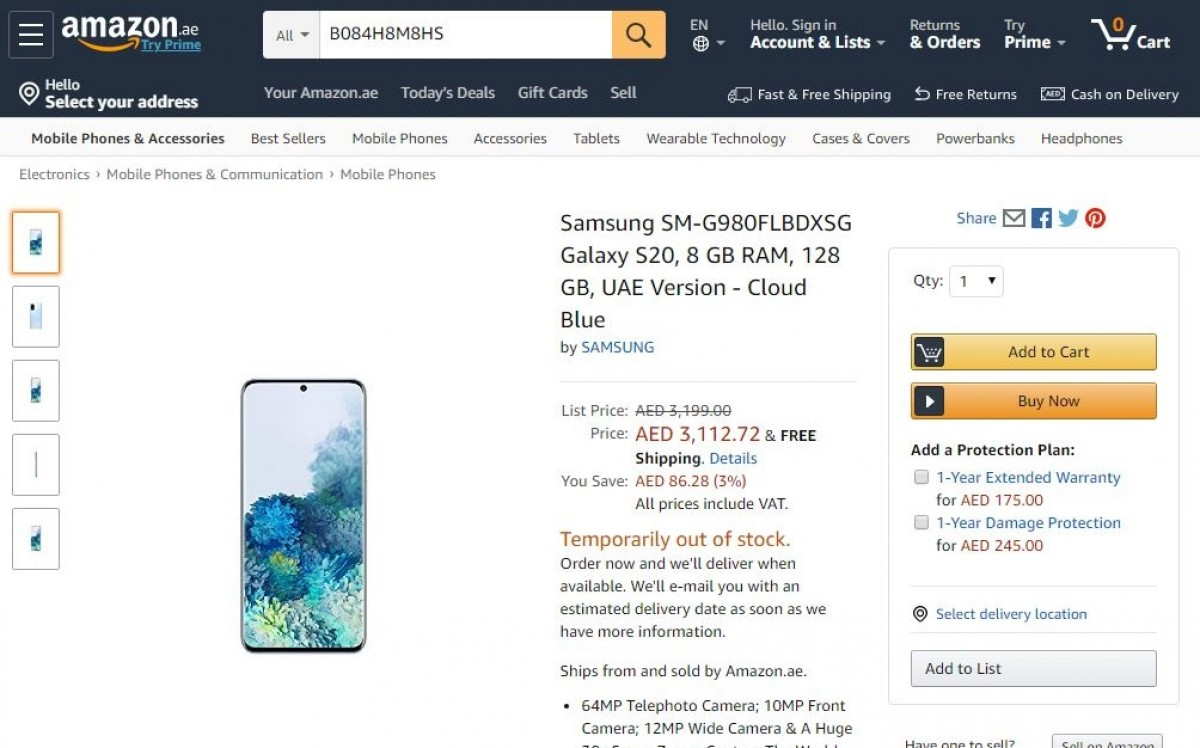 Detail Samsung Galaxy S20 yang muncul di halaman situs Amazon UEA