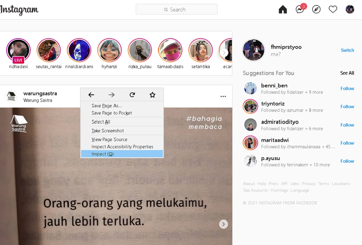 Langkah pertama cara upload video ke Instagram lewat laptop atau PC.