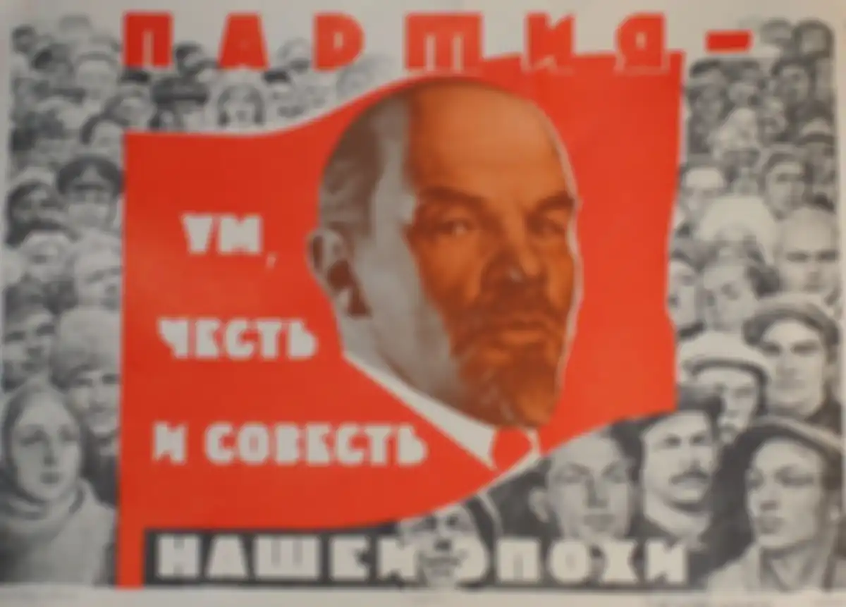 Poster propaganda Uni Soviet 'Partai ada di pikiran, kehormatan dan arahan di era kita!' 1958