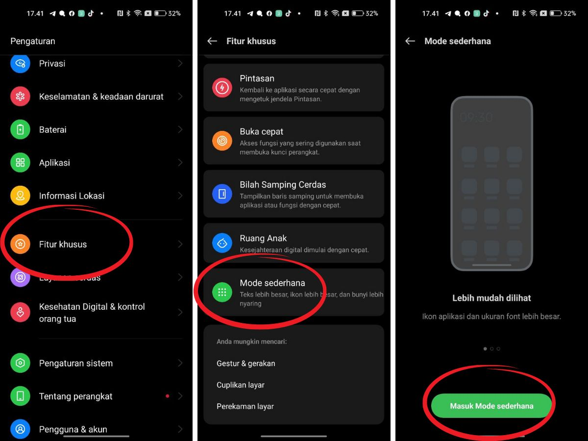 Cara mengakses mode sederhana melalui pengaturan - fitur khusus - mode sederhana