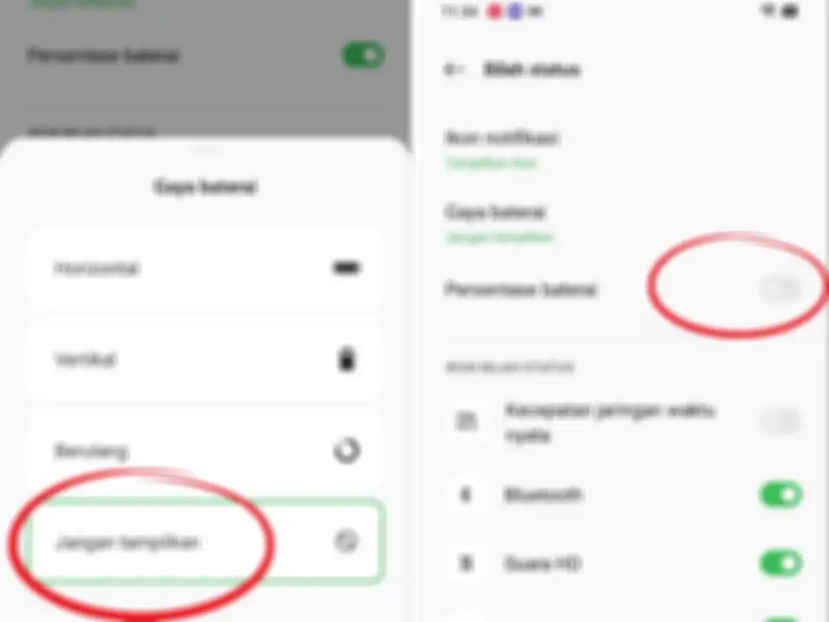 Untuk menghilangkan atau menghapus indikator baterai OPPOA 17, pengguna bisa memilih jangan tampilkan pada gaya baterai dan togle off dari persentase baterai