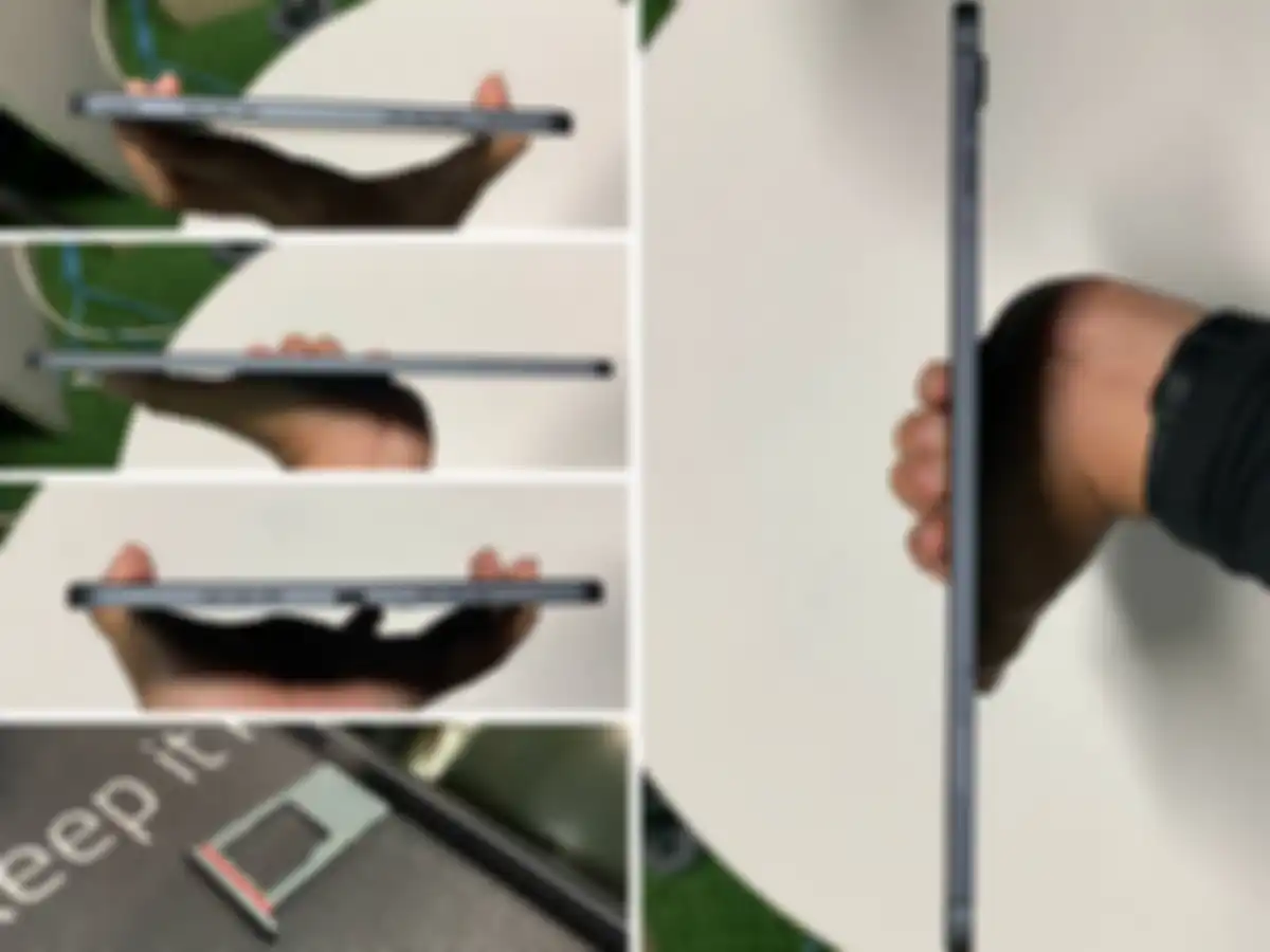 Detail bagian-bagian dari OPPO Pad Air dalam posisi vertikal, speaker & volume di sisi kiri, kosong di sisi bawah, speaker dan port USB-C di sisi kanan, port micro SD, dan tombol volume dan port micro SD di sisi atas