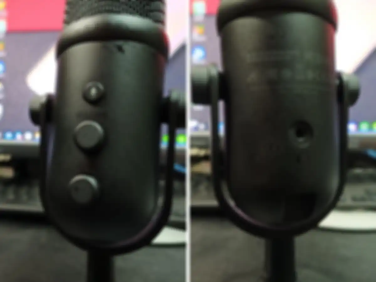 Knob putar di bagian depan dan lubang jack di belakans Razer Seiren V2 Pro
