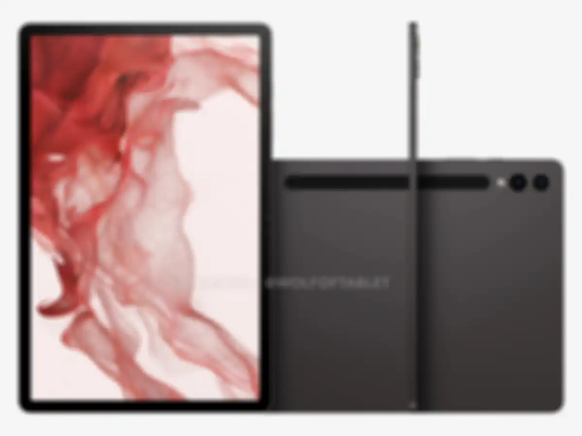 Render Galaxy Tab S9+ dari depan, belakang, dan samping.