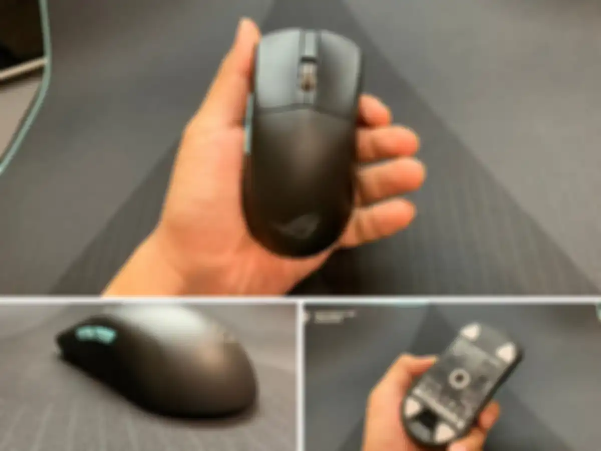 Mouse gaming ROG Harpe Ace Aim Lab Edition dari sisi atas, bawah, dan samping kiri