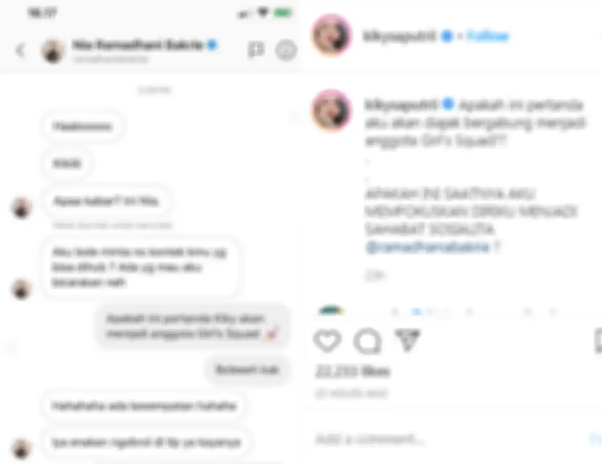 Kolase unggahan Kiky Saputri yang memperlihatkan isi chat Nia Ramadhani