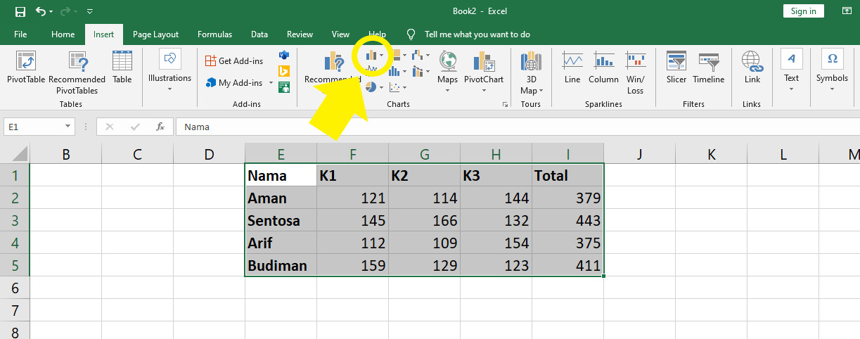 Logo Insert column or bar chart di Microsoft Excel.